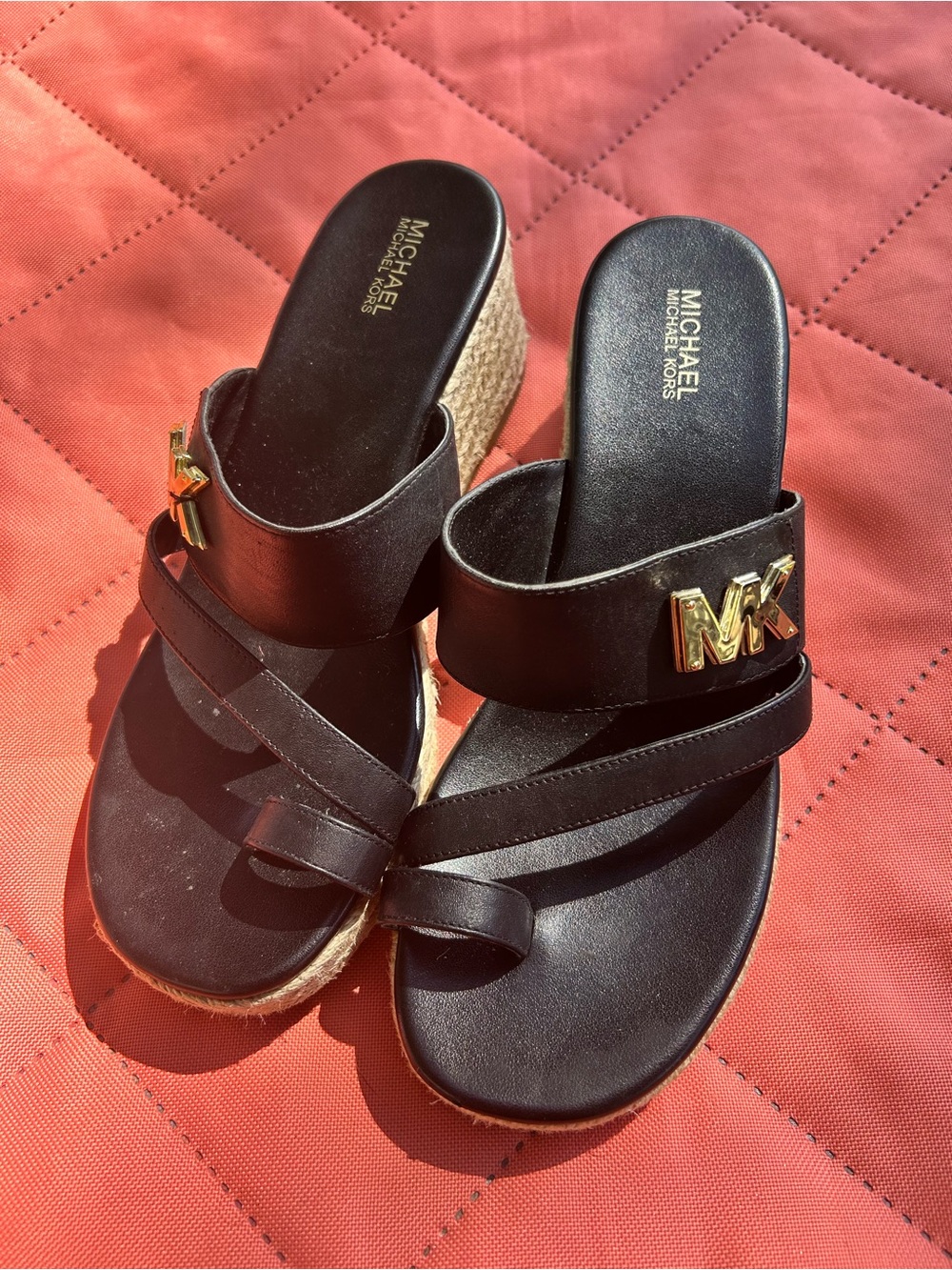 Michael Kors Black Espadrille Wedge Slide Sandals with Gold MK Accents